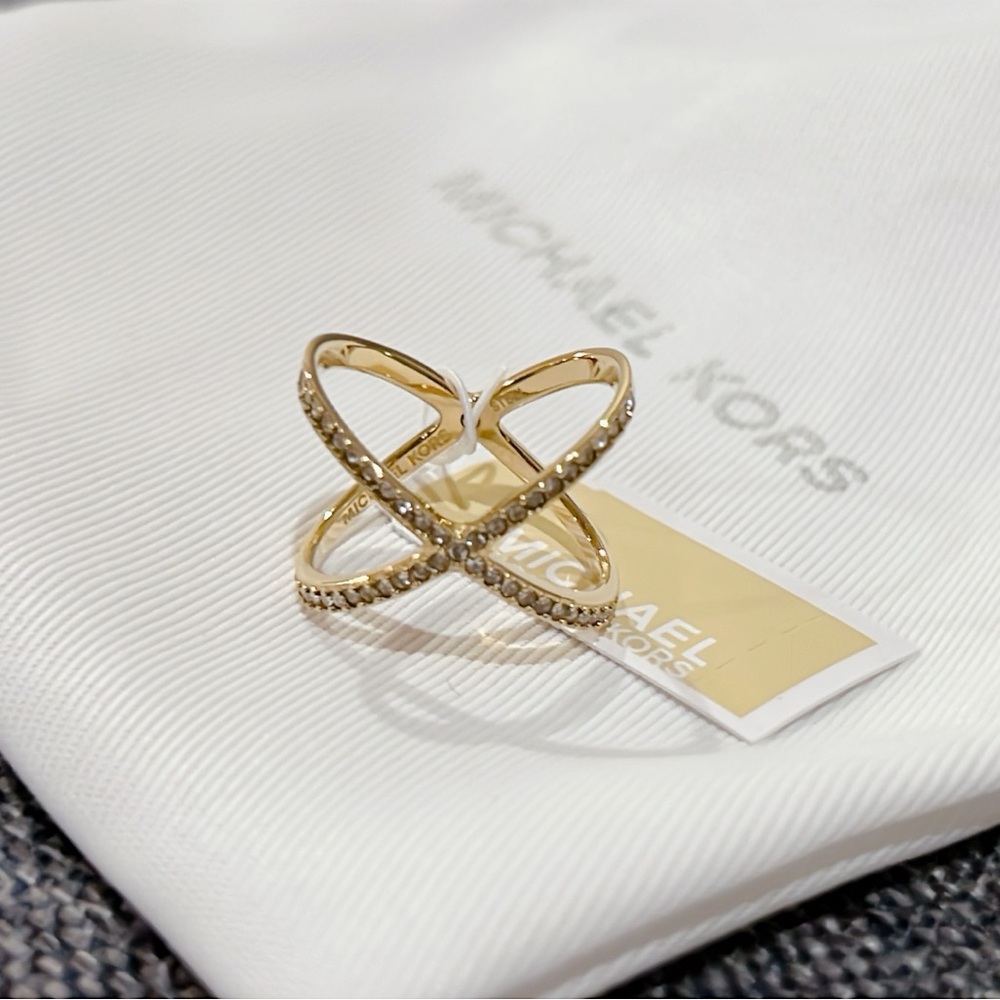 Michael Kors Gold Tone Steel Criss-Cross Clear Pave Crystal Ring - Picture 6 of 12